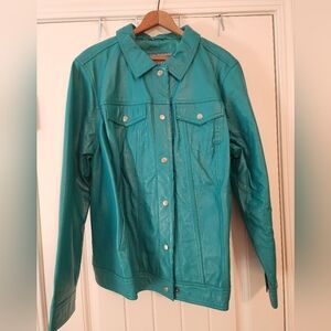 Jessica London Teal Women's Genuine Leather Jacket Snap Front Sz 20W Western